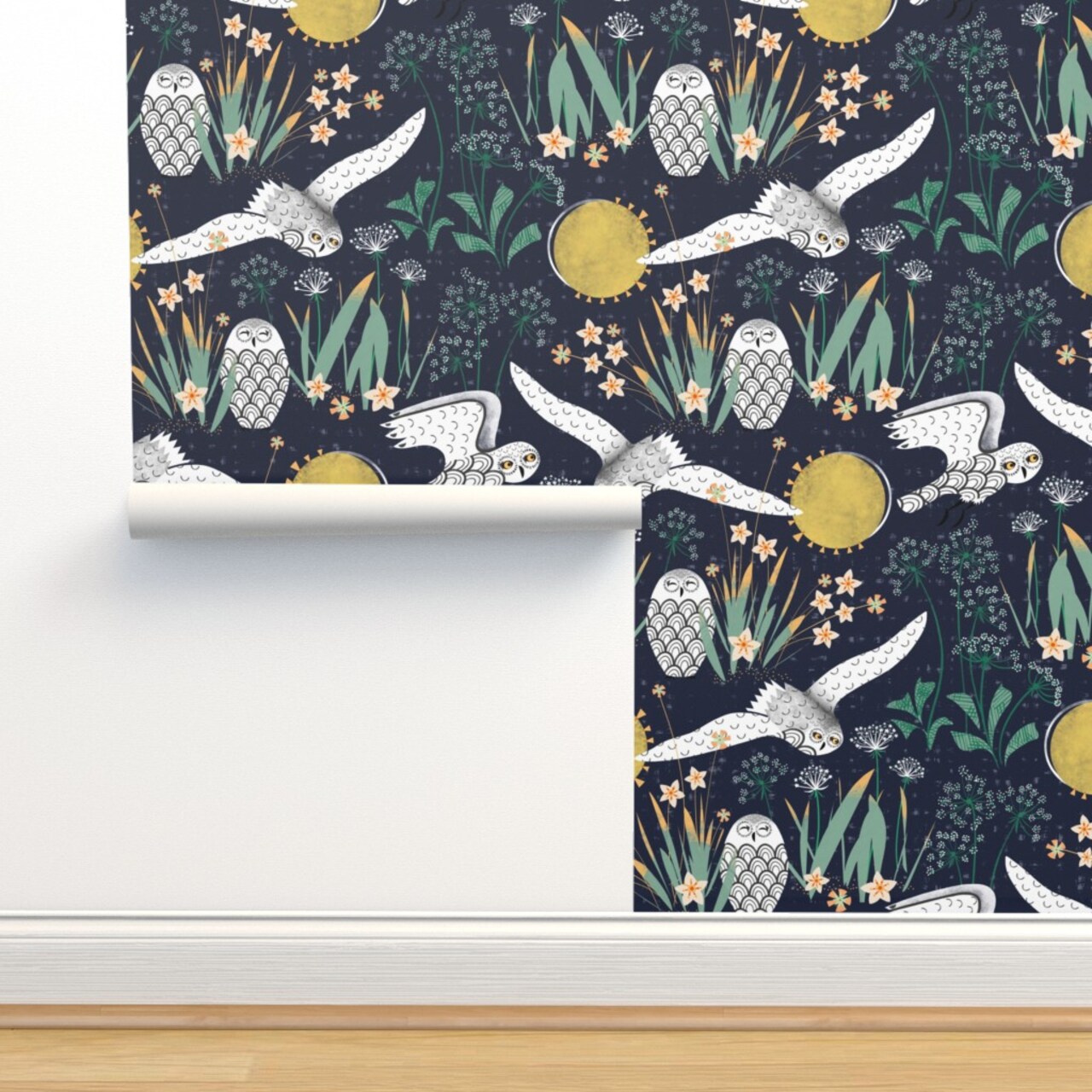 Snowy Owls Botanical Folk Art Xl Scale Jumbo Mid Century Queen Anne Lace Cottagecore Custom Removable Wallpaper by Spoonflower Peel & Stick Wallpaper 2FT Wide